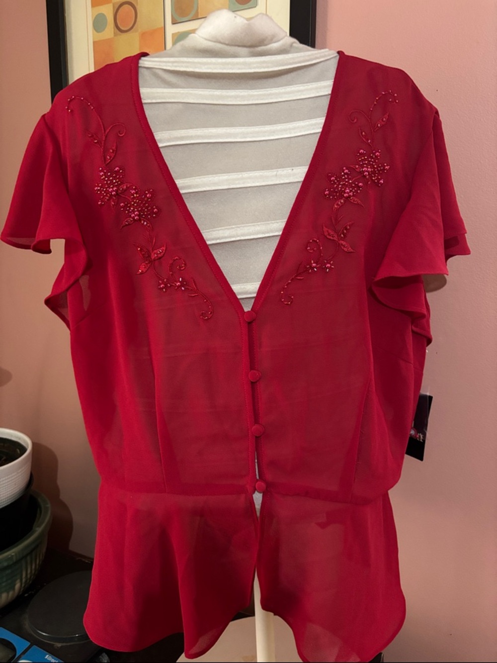Studio I Red Sheer V-Neck Embellished Flutter Sleeve Blouse Size 12 NWTS